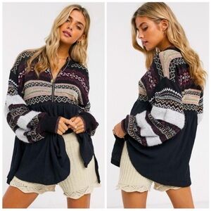 Free People Black Multicolor Fair Isle Zip Sweater